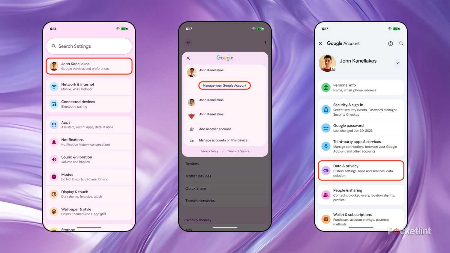 Android 16 Manage your Google Account screenshots