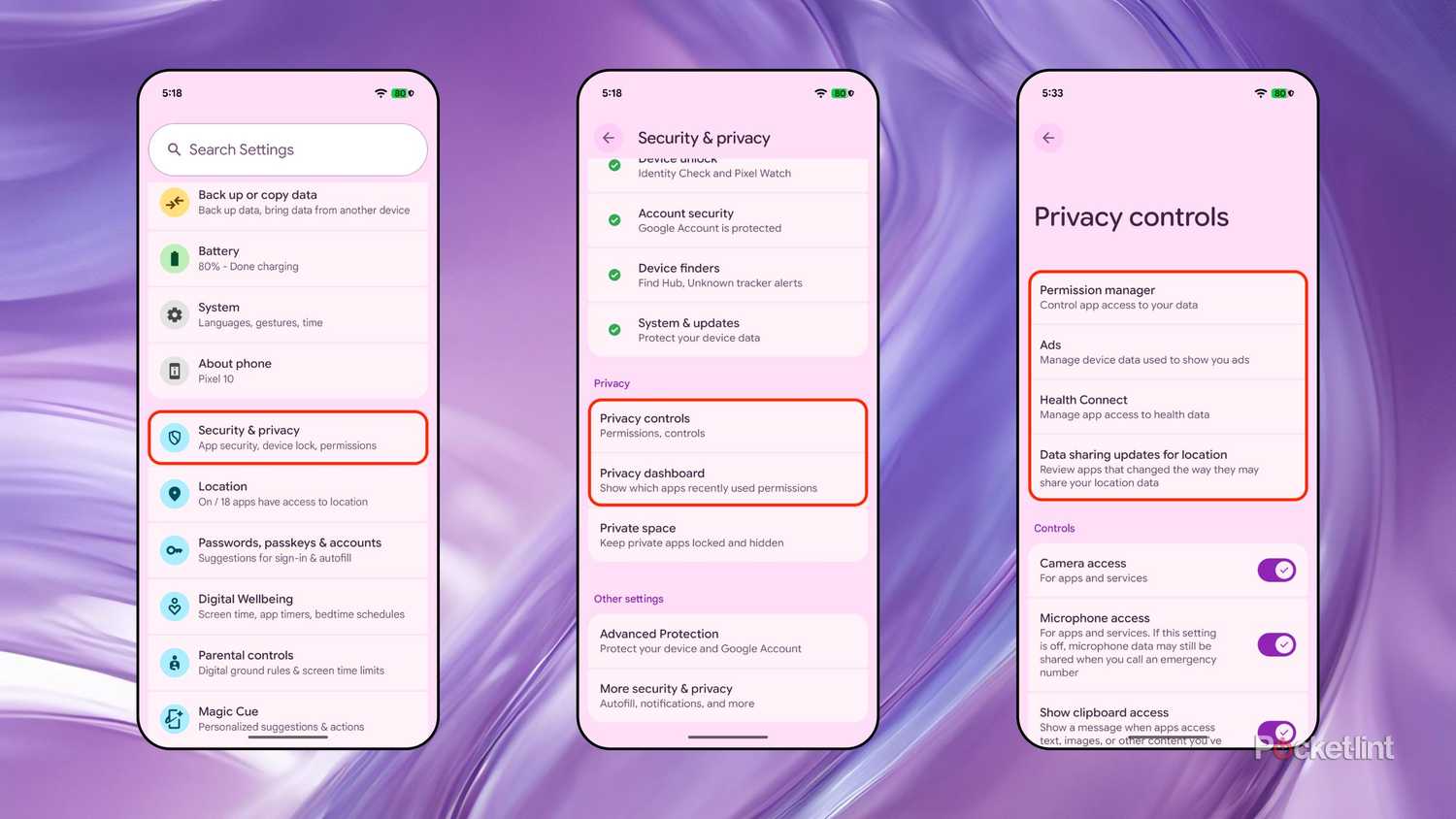 Android 16 Security and privacy settings screenshots