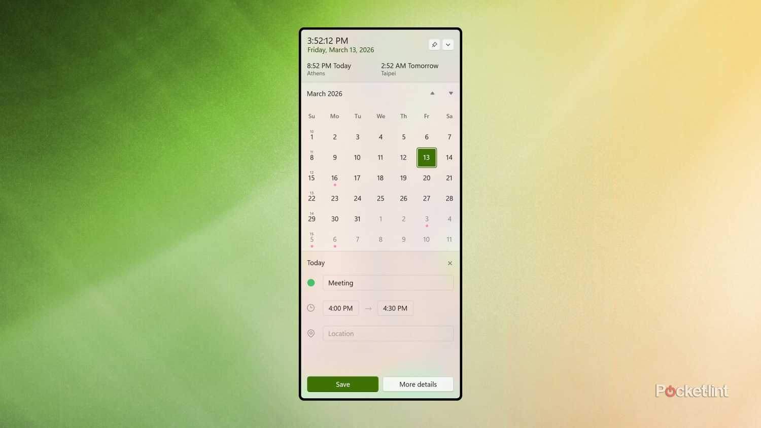 Calendar Flyout screenshot