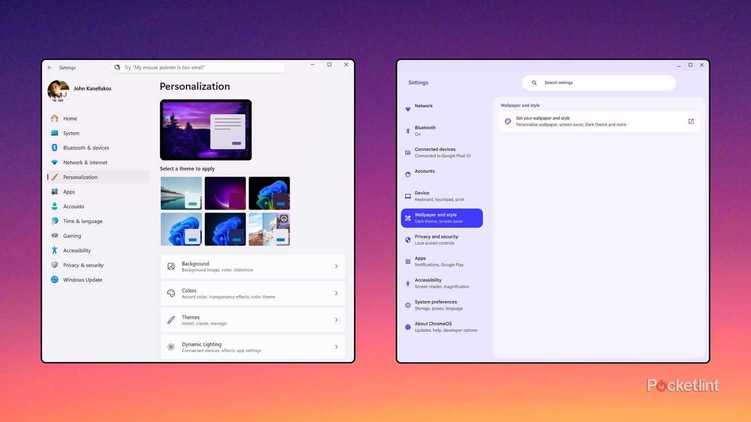 ChromeOS vs Windows 11 personalization settings