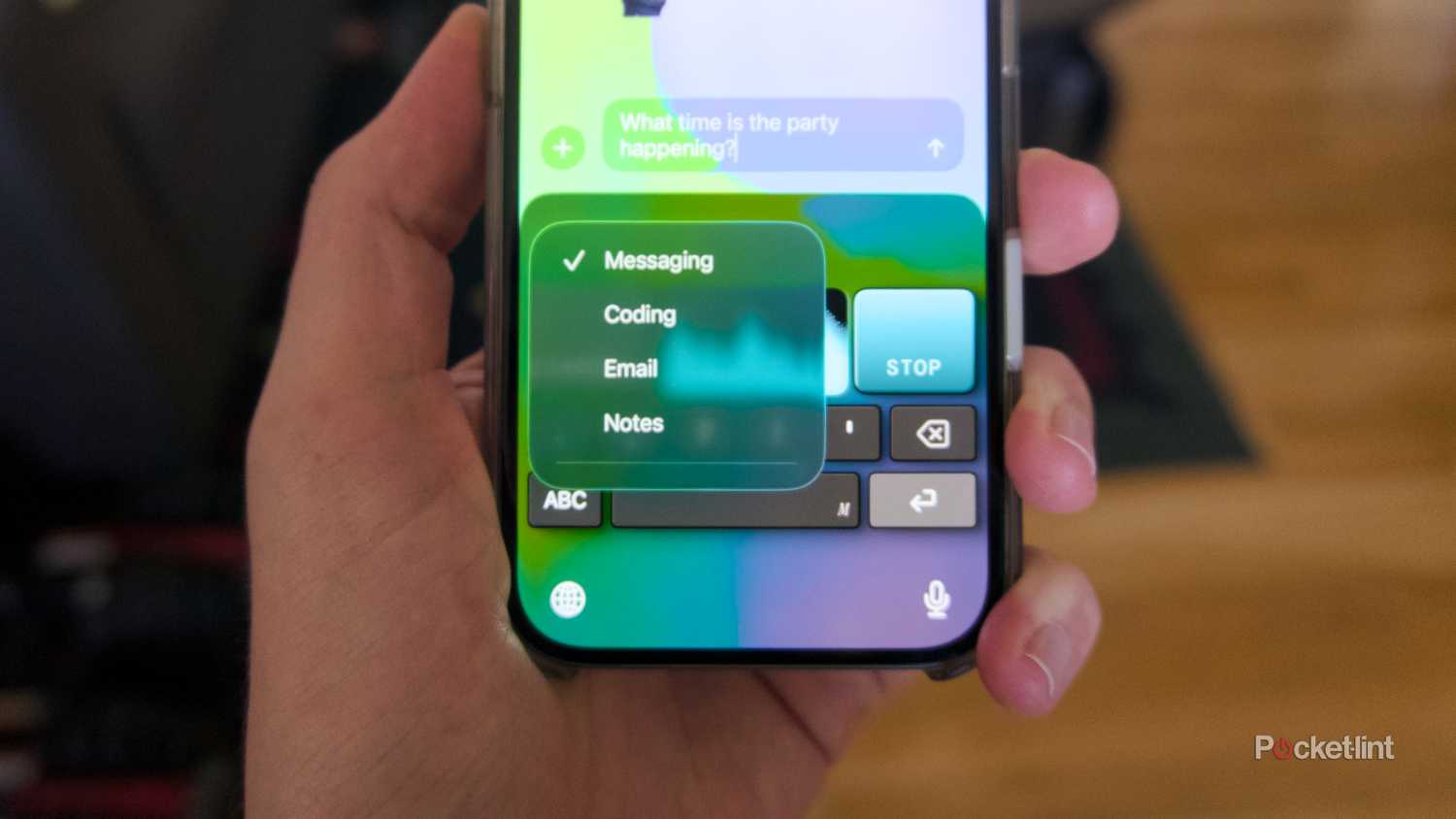 The Monologue keyboard on an iPhone displaying a menu of different writing modes.