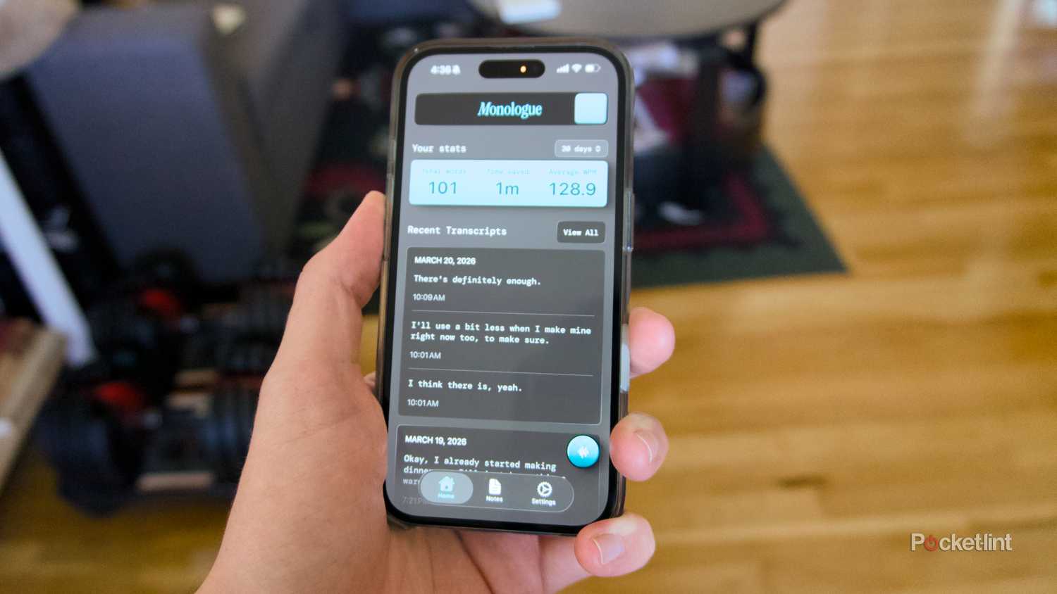 The home screen of the Monologue app on an iPhone 16 displaying recent transcripts.