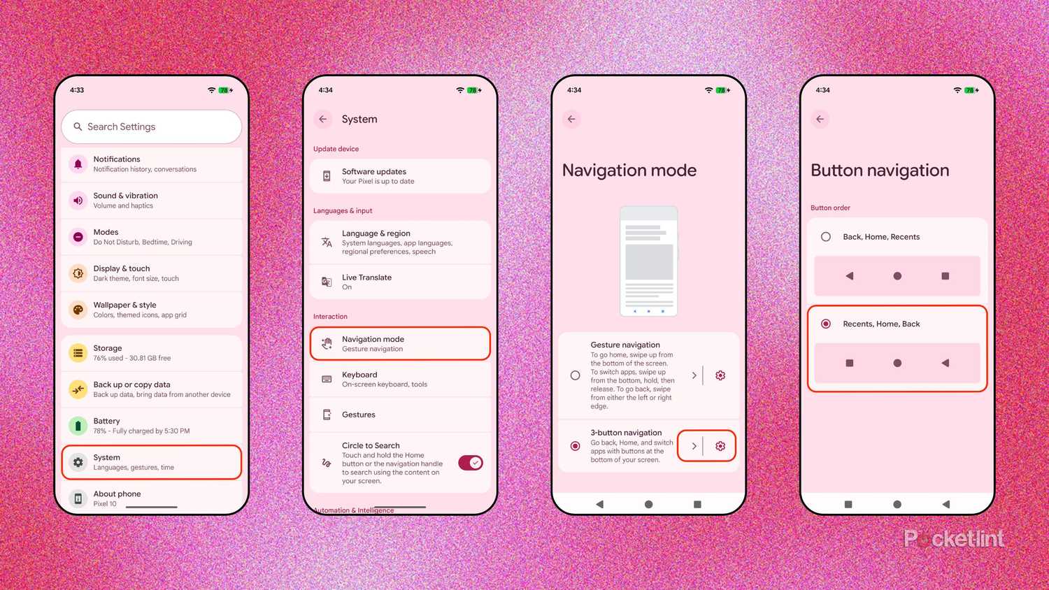 Google Pixel 3-button navigation button order screenshots