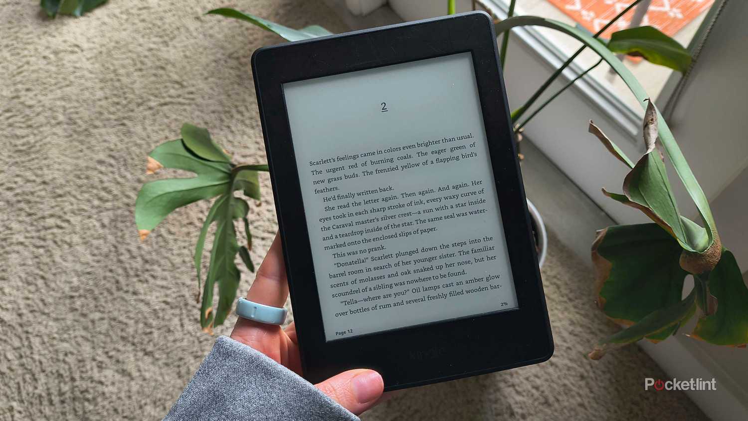 Holding a 2015 Kindle Paperwhite. 