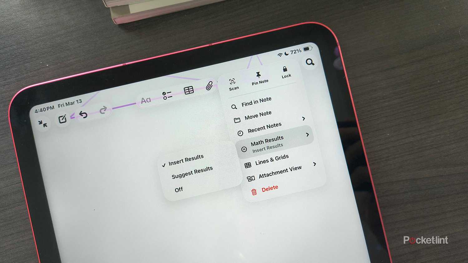 Math results settings in Apple Notes.