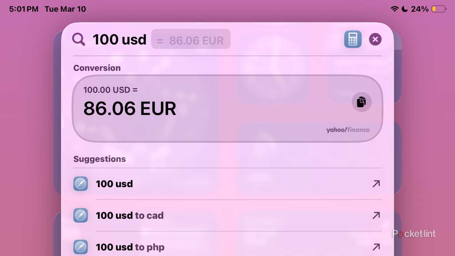 Spotlight Search on an iPad showing conversions. 