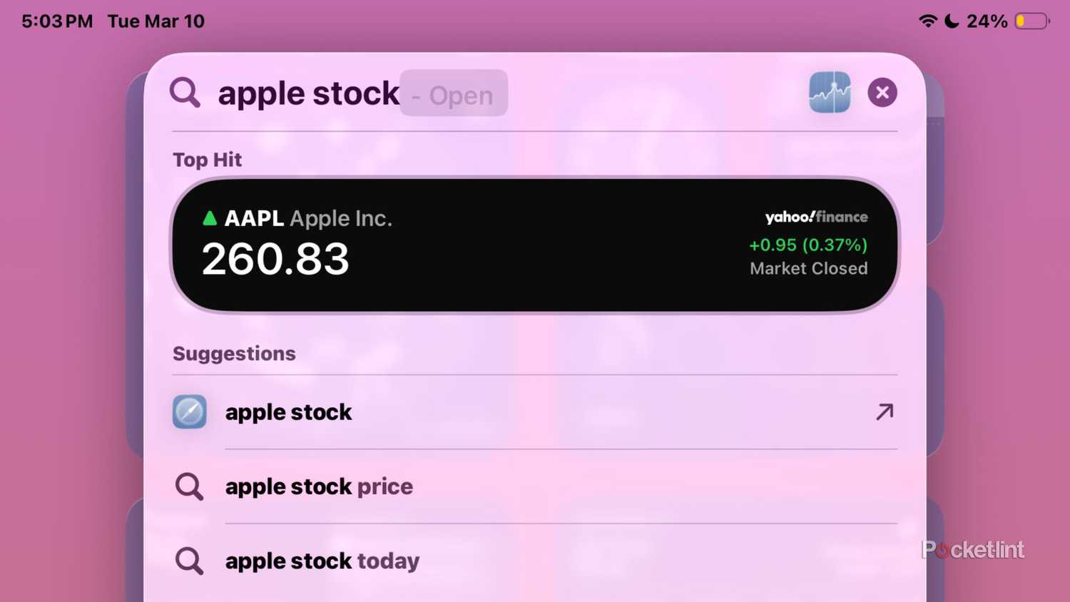 Spotlight Search on an iPad showing Apple stock. 