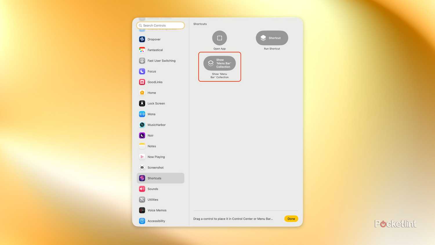 macOS 26 Tahoe Control Center Show 'Menu Bar' Collection