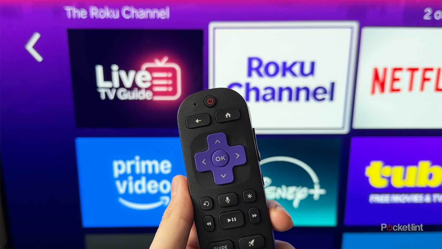 Person holding Roku remote in front of Roku TV.