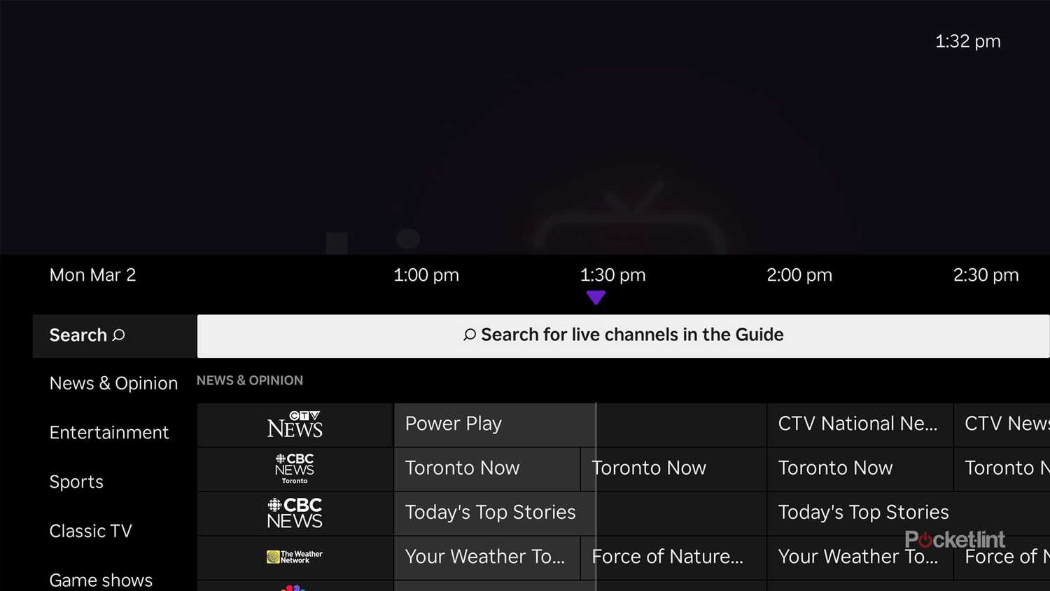 Roku live TV channel guide search feature.