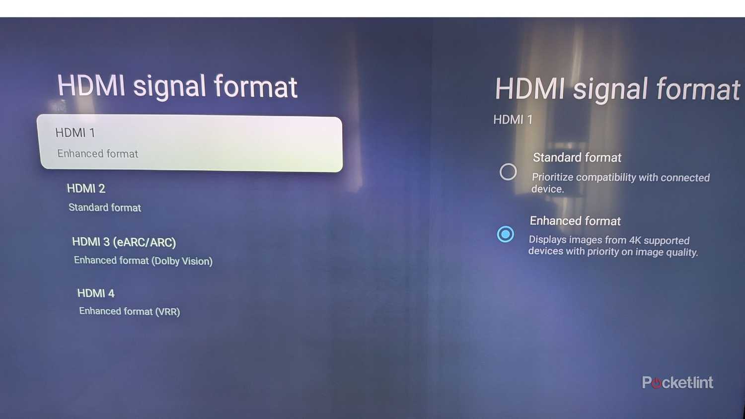 The HDMI signal format setting screen on a TV.