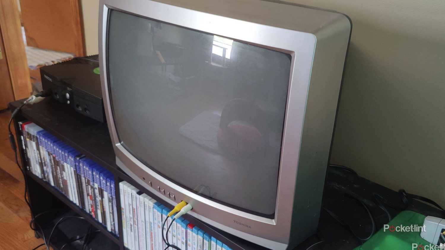 A Toshiba CRT TV on a stand.