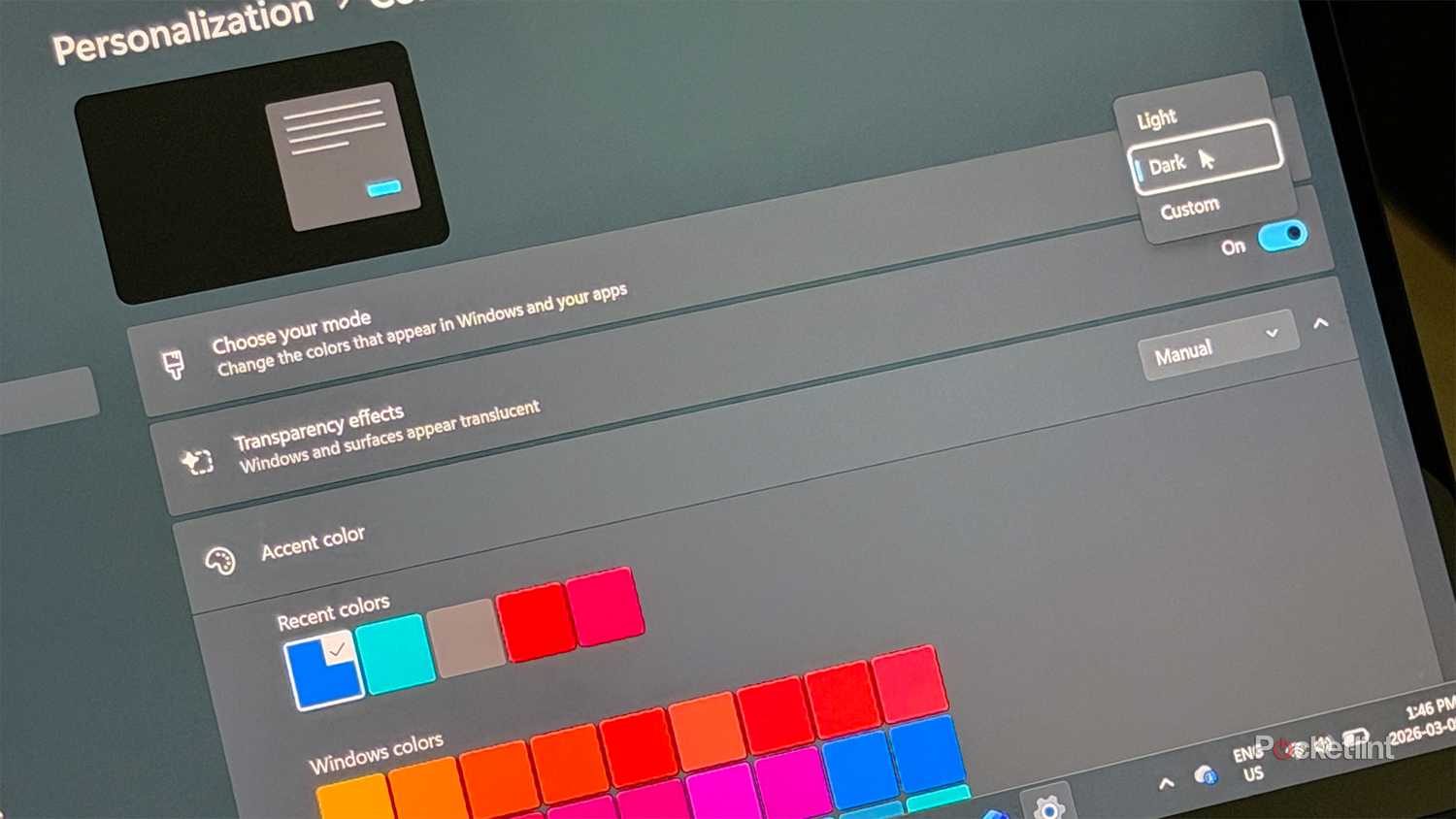 Dark mode setting in Windows 11.