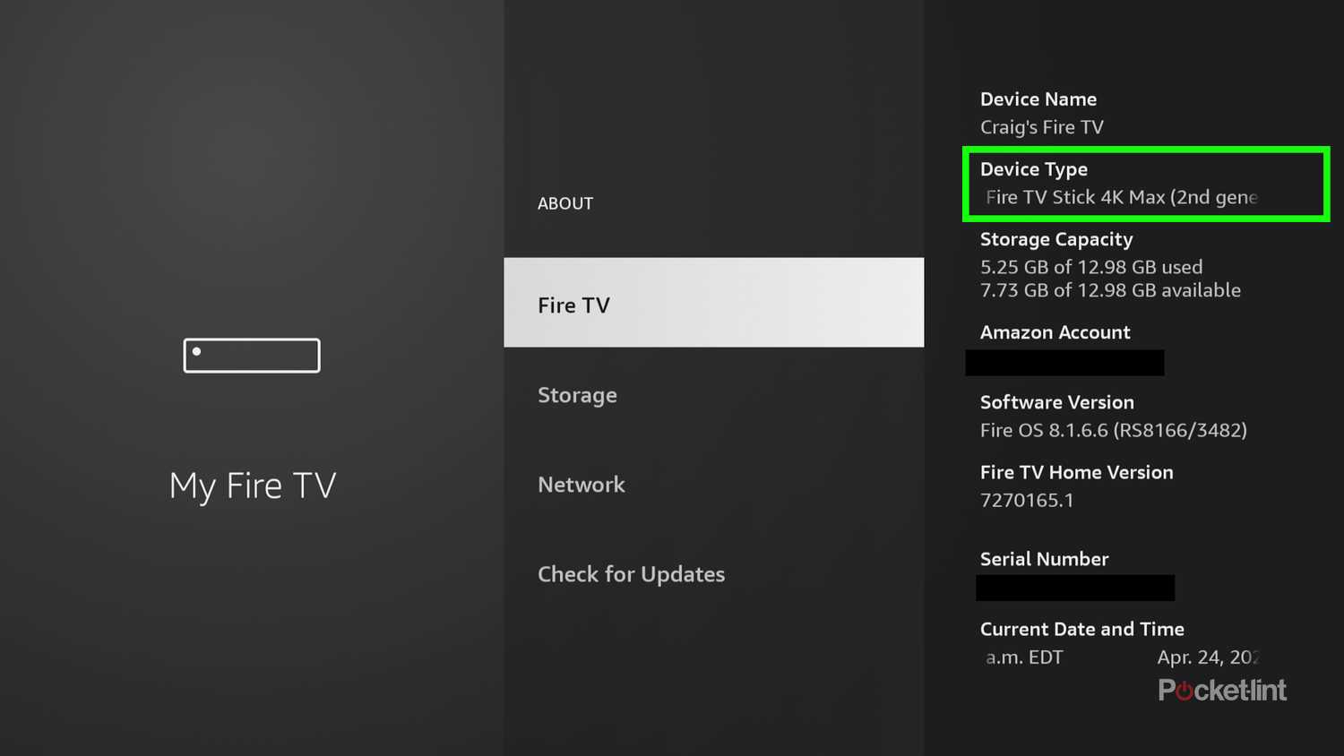 Device type in Fire TV Stick settings.