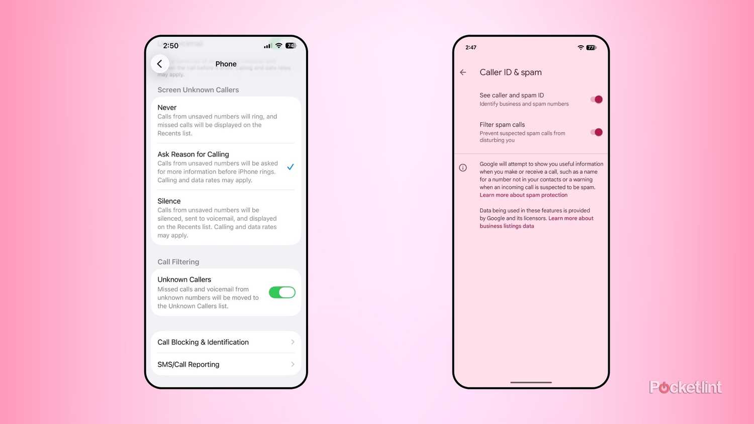 First-party call filtering screenshots