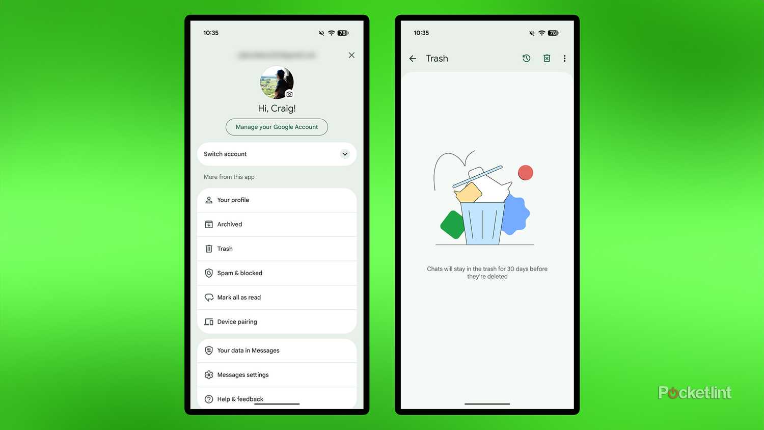 Google Messages Trash folder feature.