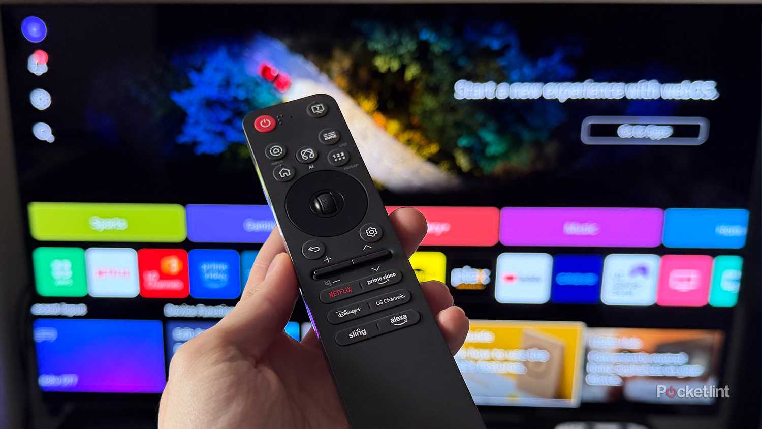 Person holding remote in front of LG TV.