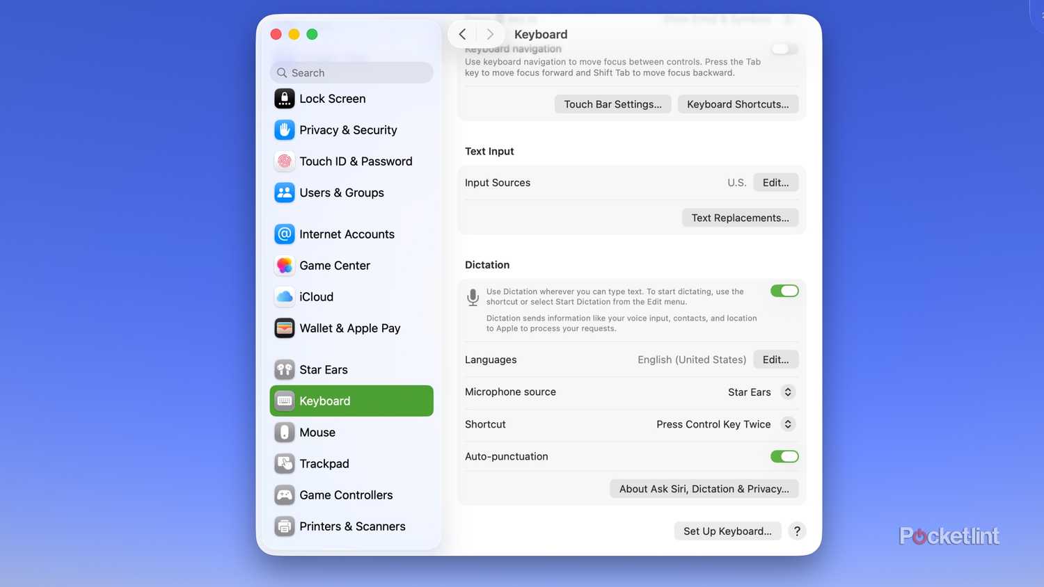 The Dictation settings in the macOS System Settings app.
