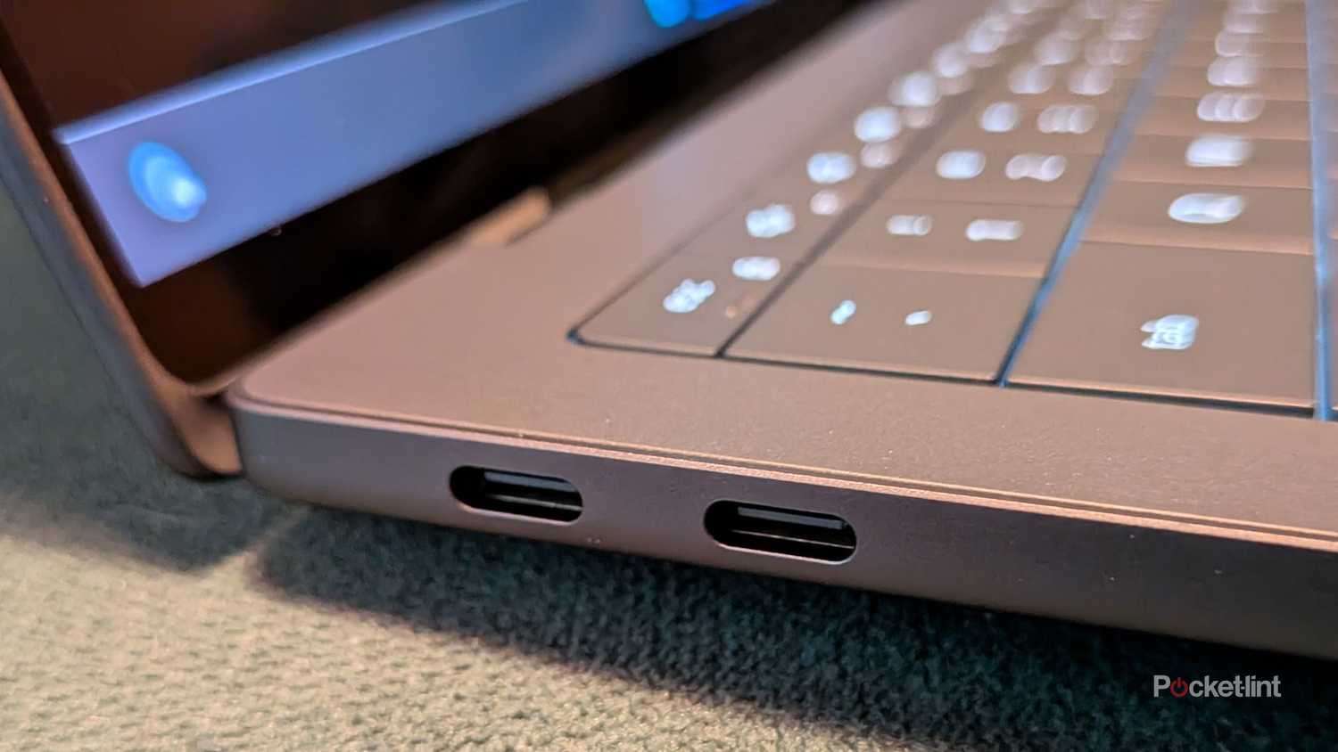 The USB-C ports on a Dell laptop.