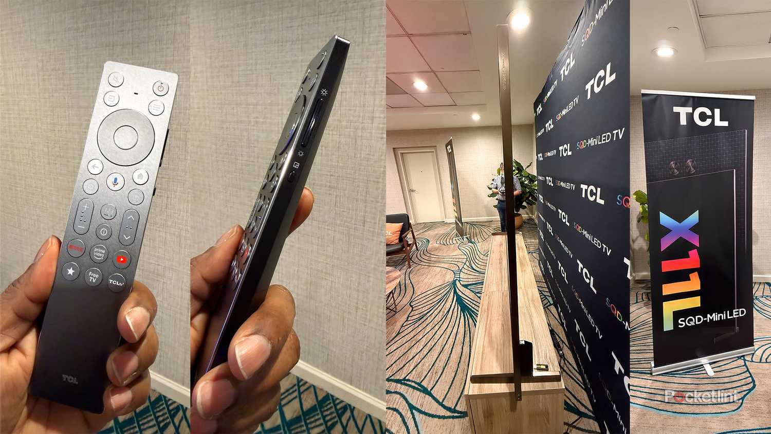 TCL X11L with the backlit remote, and showing how thin it is, at 0.8 inches
