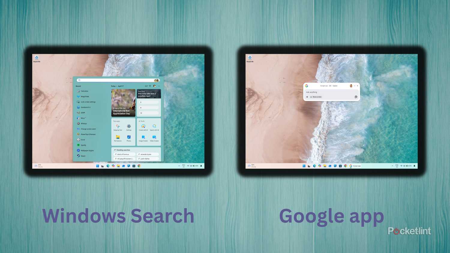 Windows Search vs Google app Windows 11 screenshots