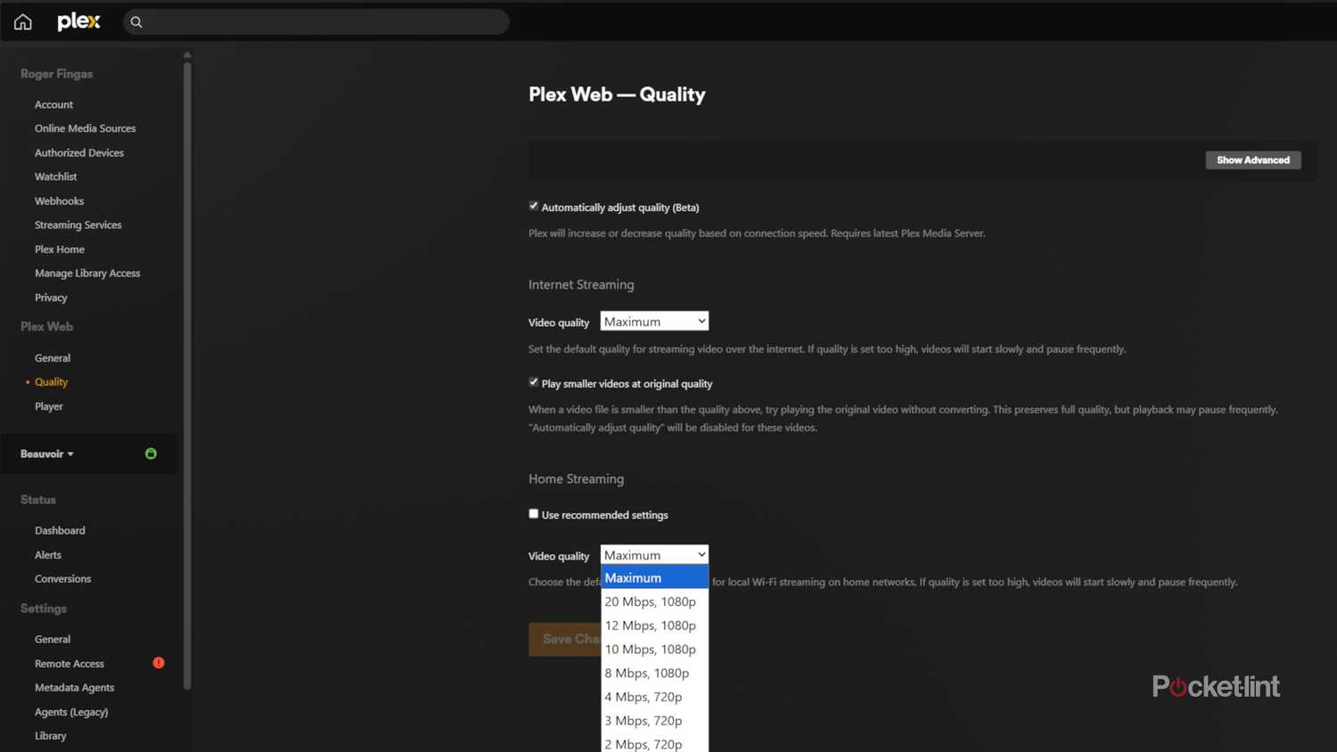 Changing quality settings in Plex Media Server.