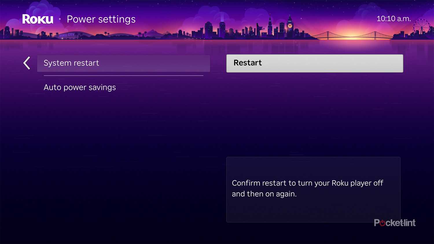 Roku restart option in settings menu.