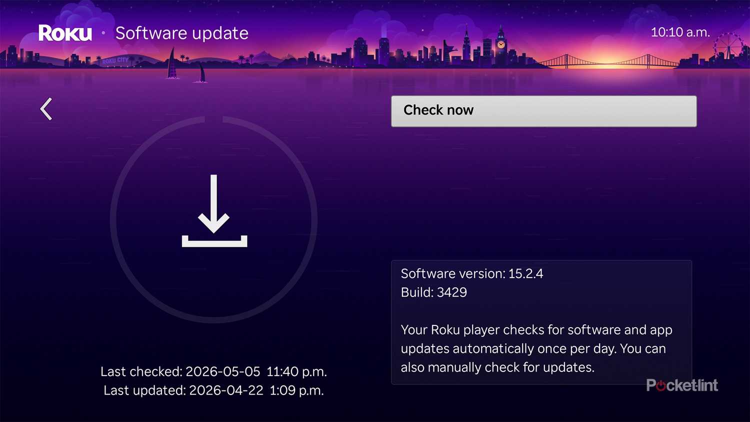 Roku software update menu.
