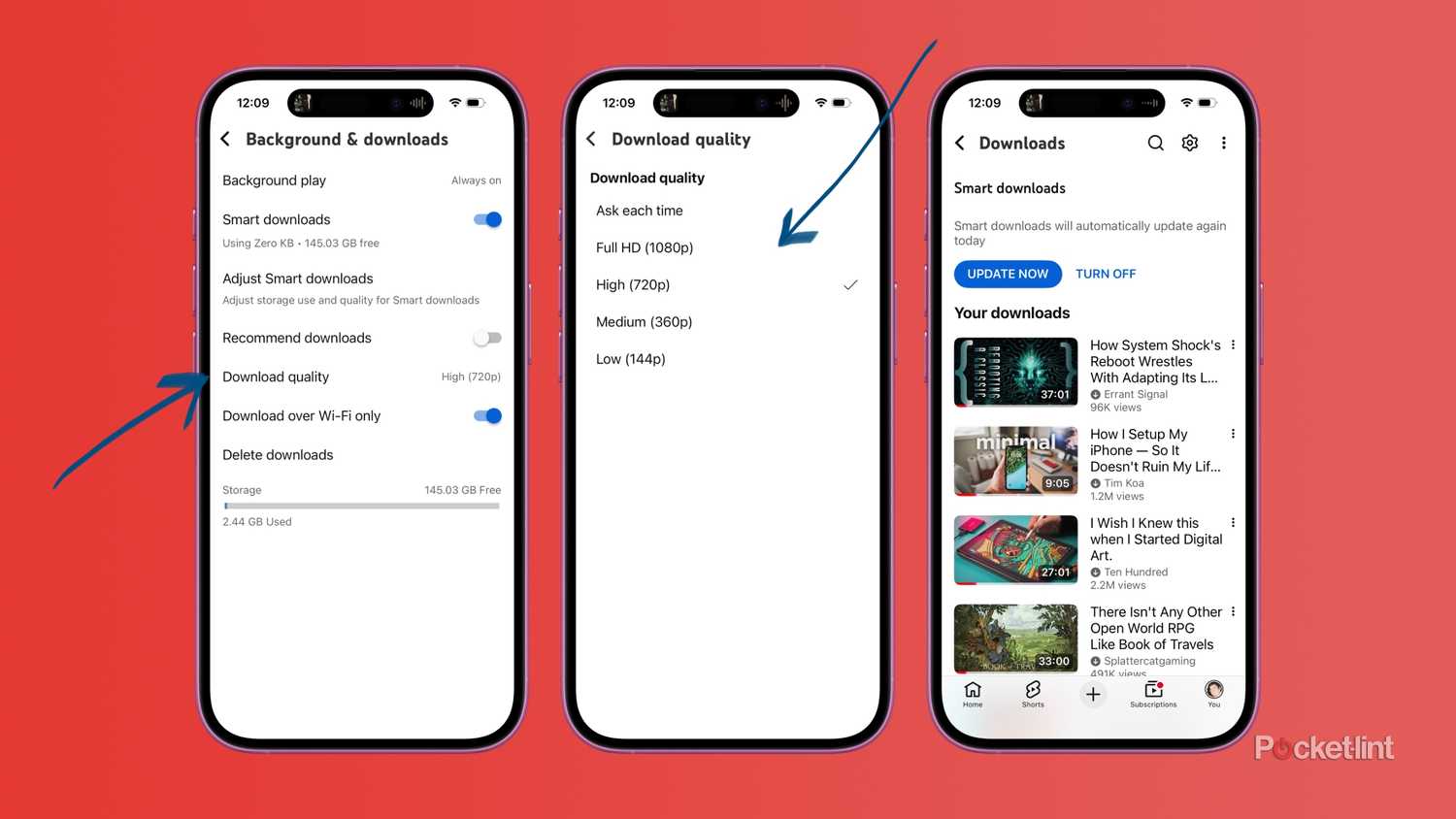 Three screenshots of the settings and download pages of the YouTube app.