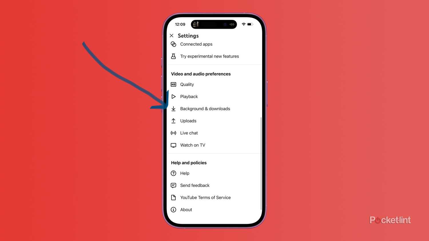 A screenshot of the Settings menu of the YouTube app with an arrow pointing at the Background & downloads section.