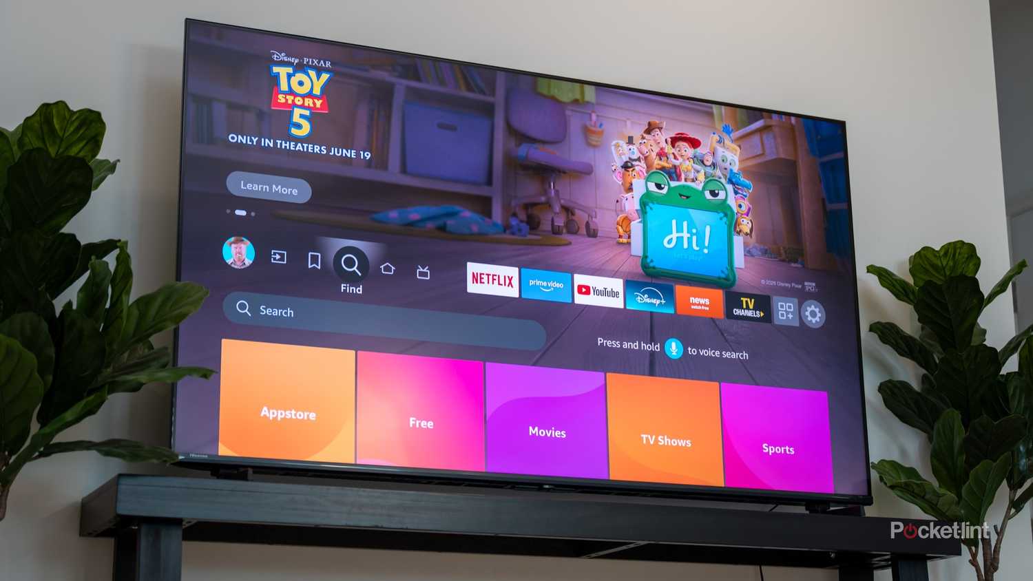 Hisense U6SF displaying Fire TV home screen with Toy Story 5 promotion.