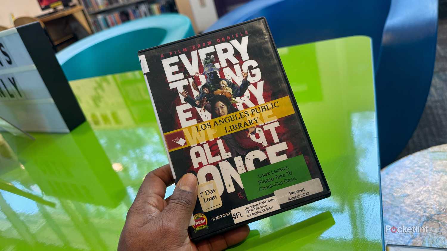 A library rental of Everything Everywhere All at Once on DVD.