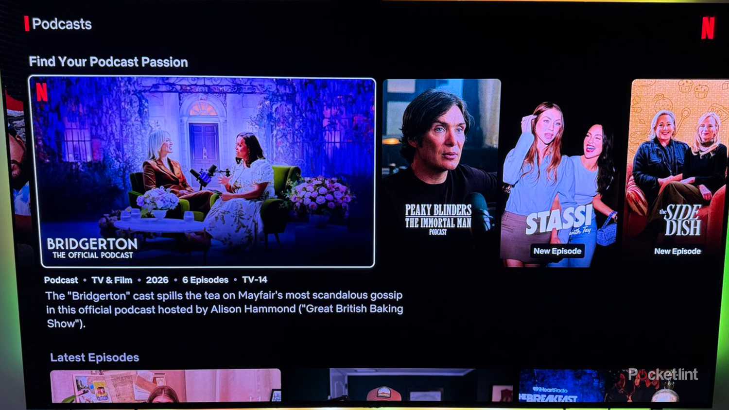 Netflix carousel featuring podcasts including Bridgerton and Peaky Blinders.