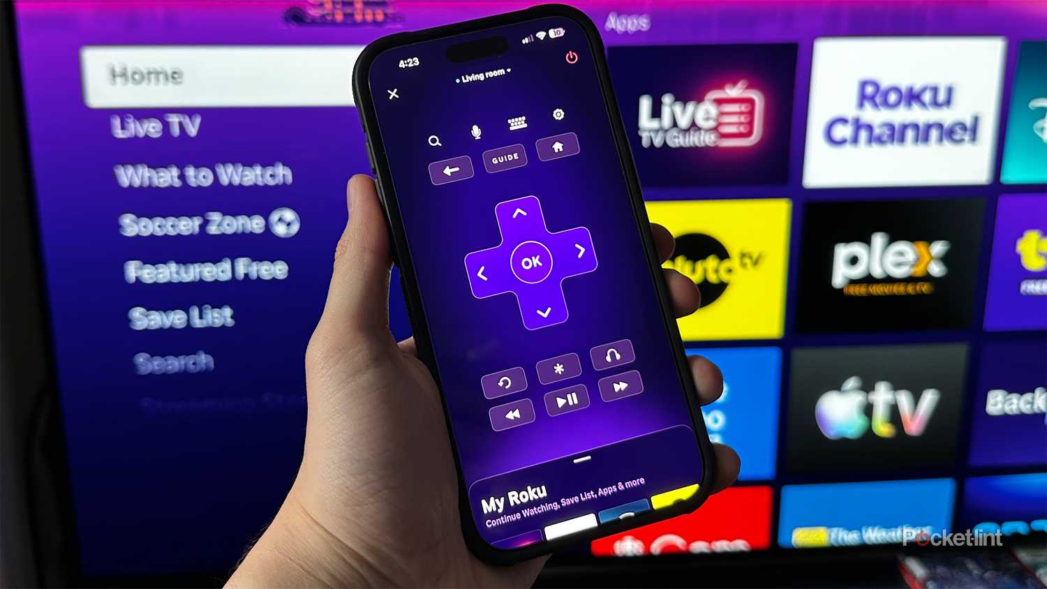 iPhone with Roku app open.