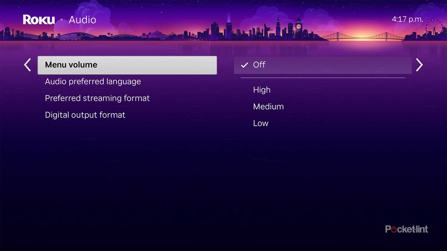 Roku Menu Volume setting.