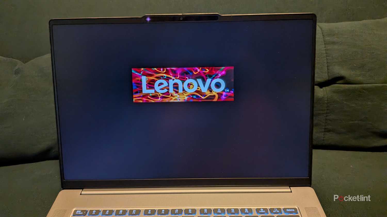 The Lenovo logo showing on a laptop.