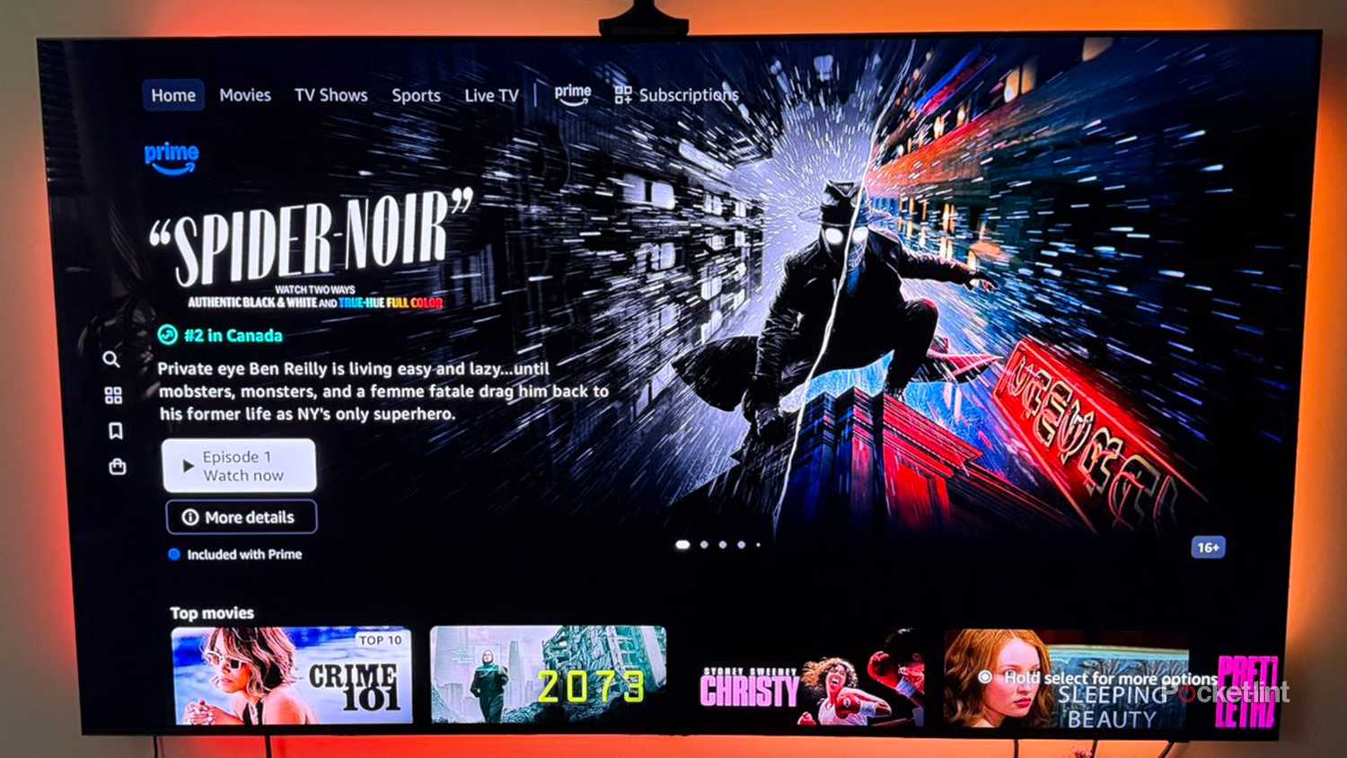 Spider-Noise banner on Amazon Prime Video in half color and half black and white.
