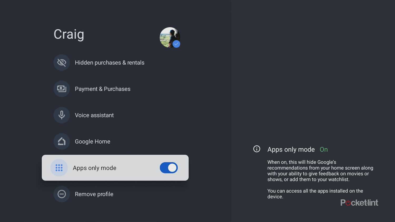 Google TV enable Apps Only mode.