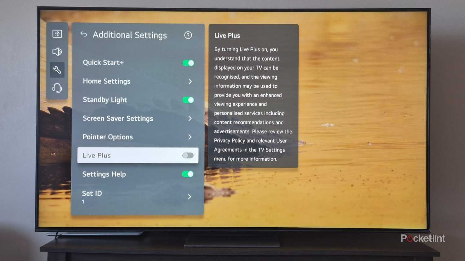 An LG TV's ACR feature, branded as Live Plus.