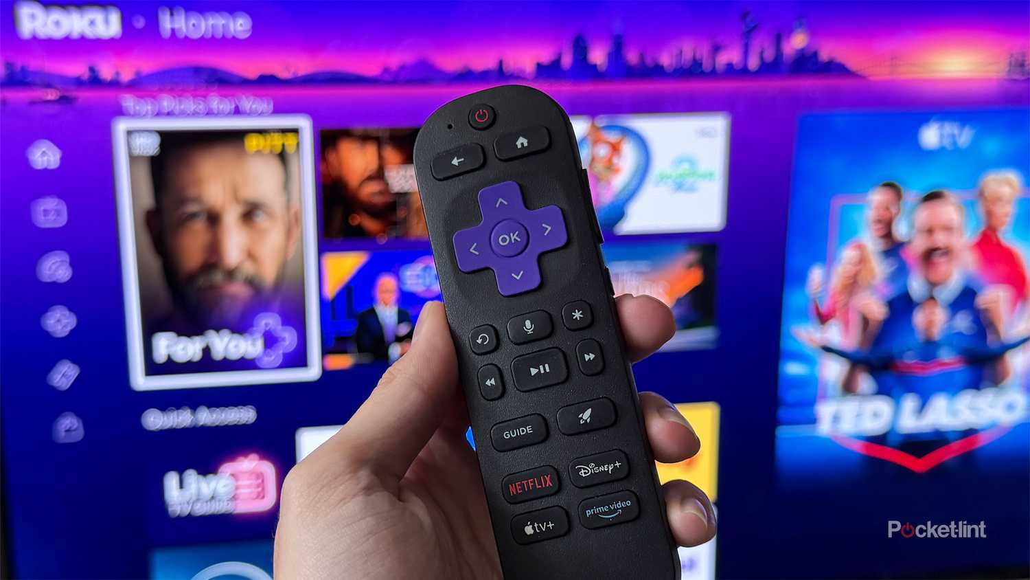 Person holding Roku remote in front of TV.