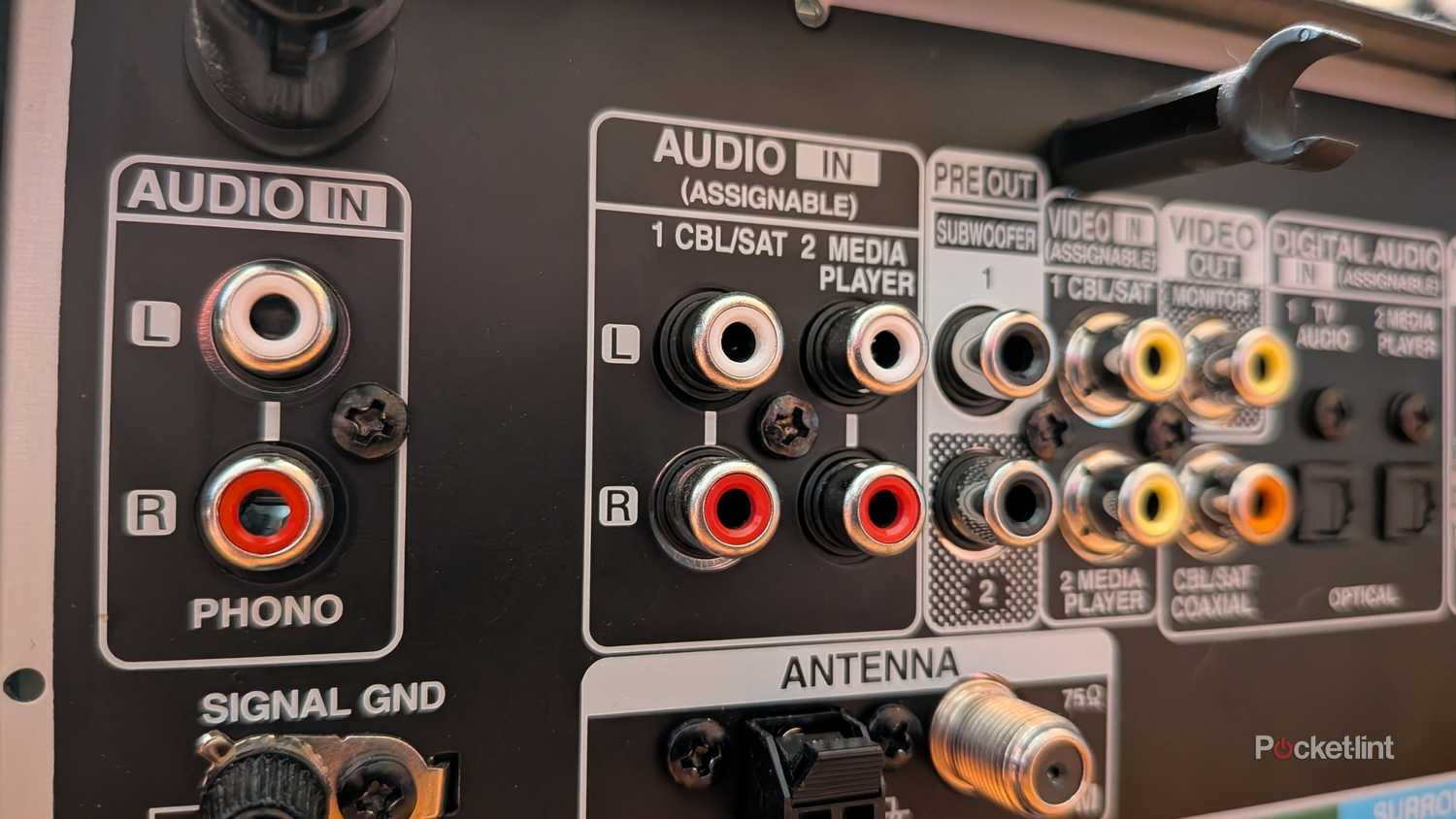The back of a Denon S760H receiver.