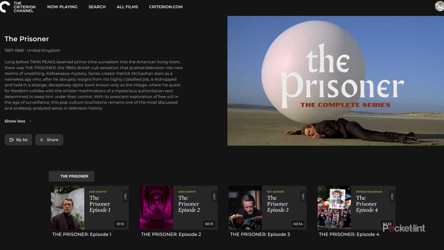 A screenshot of The Prisoner page on The Criterion Channel website.