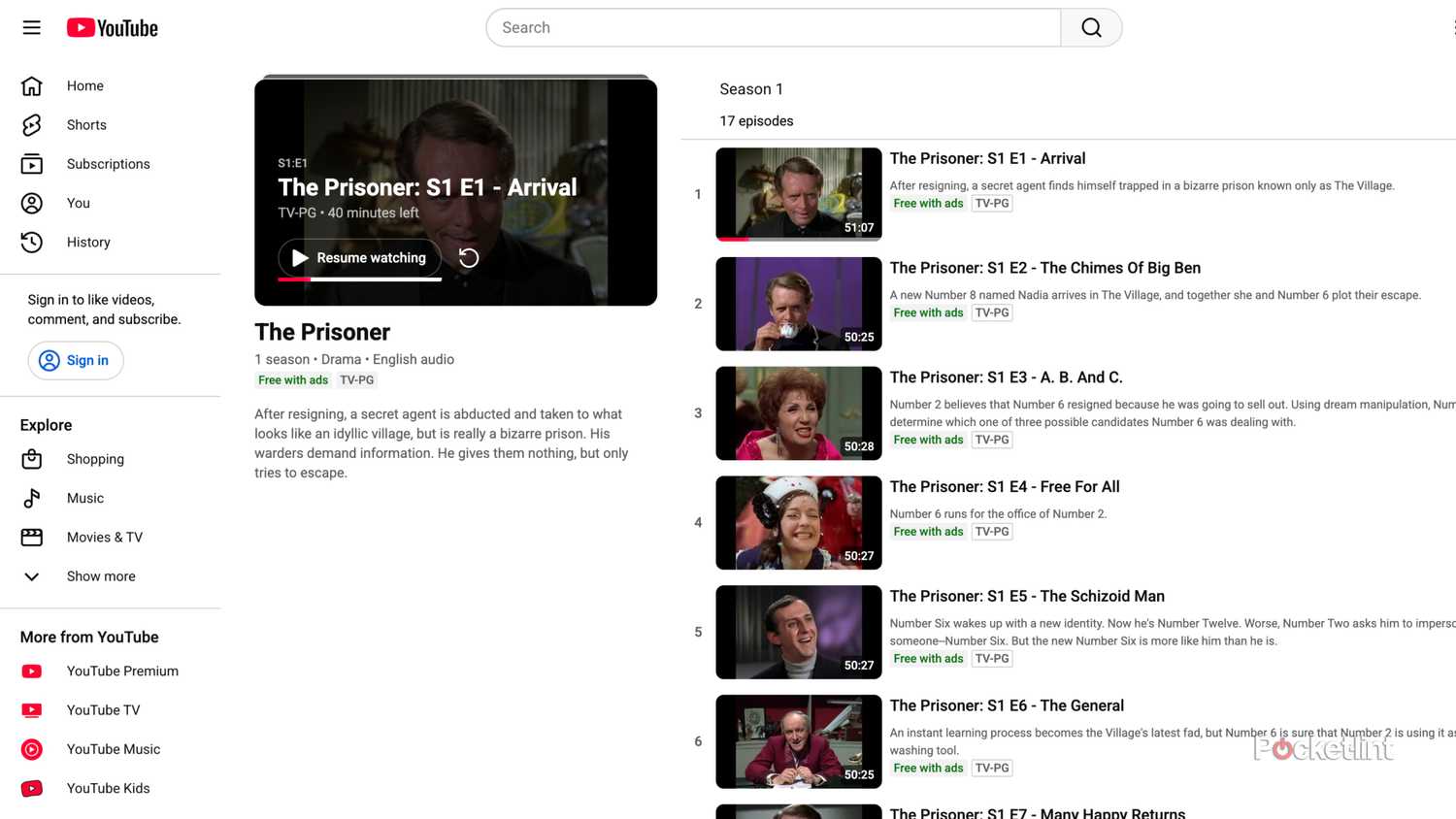 A screenshot of The Prisoner playlist on YouTube.