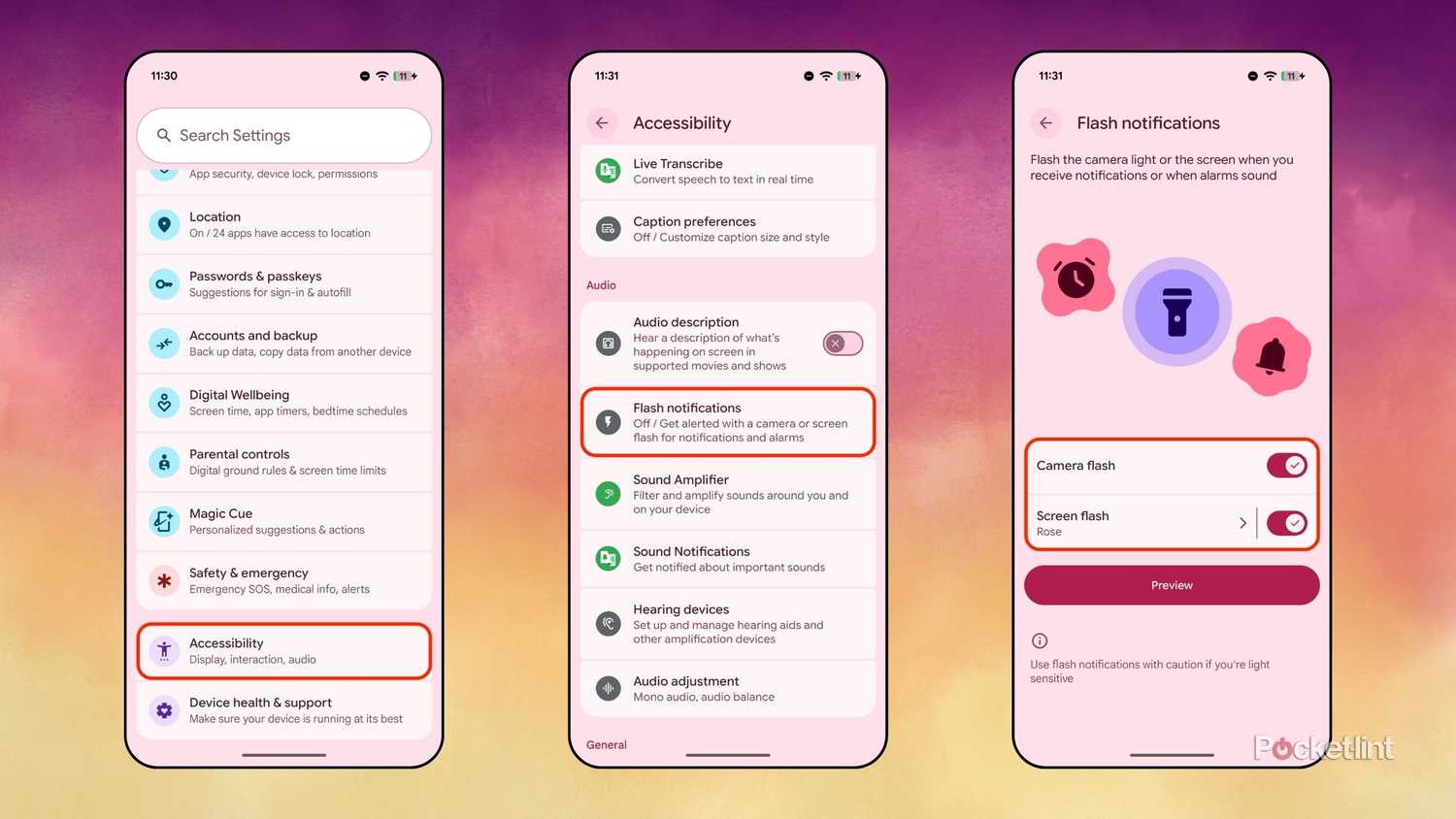 Android flash notifications screenshots