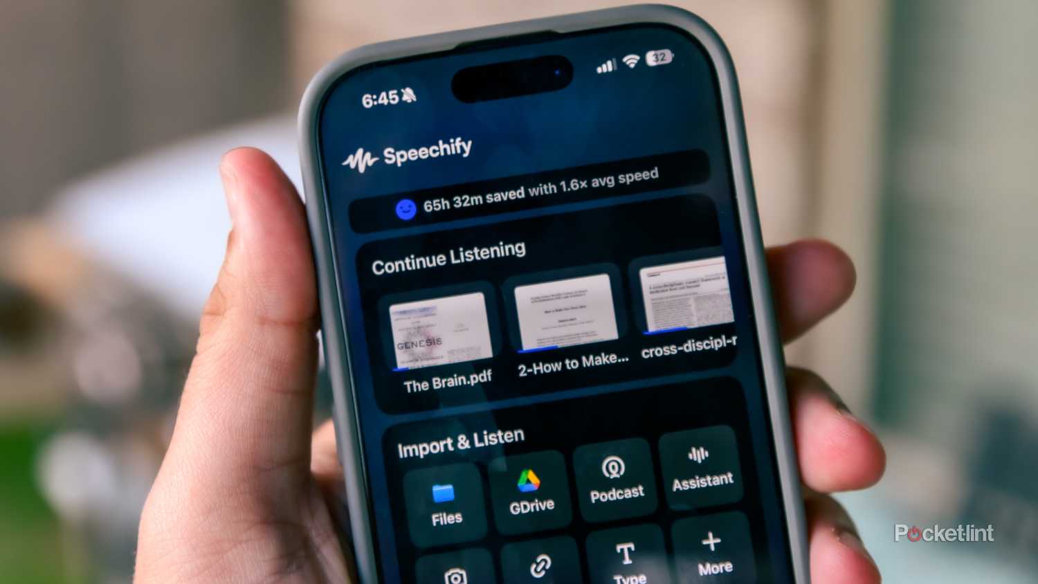 A still, closeup photo of the Speechify home screen.