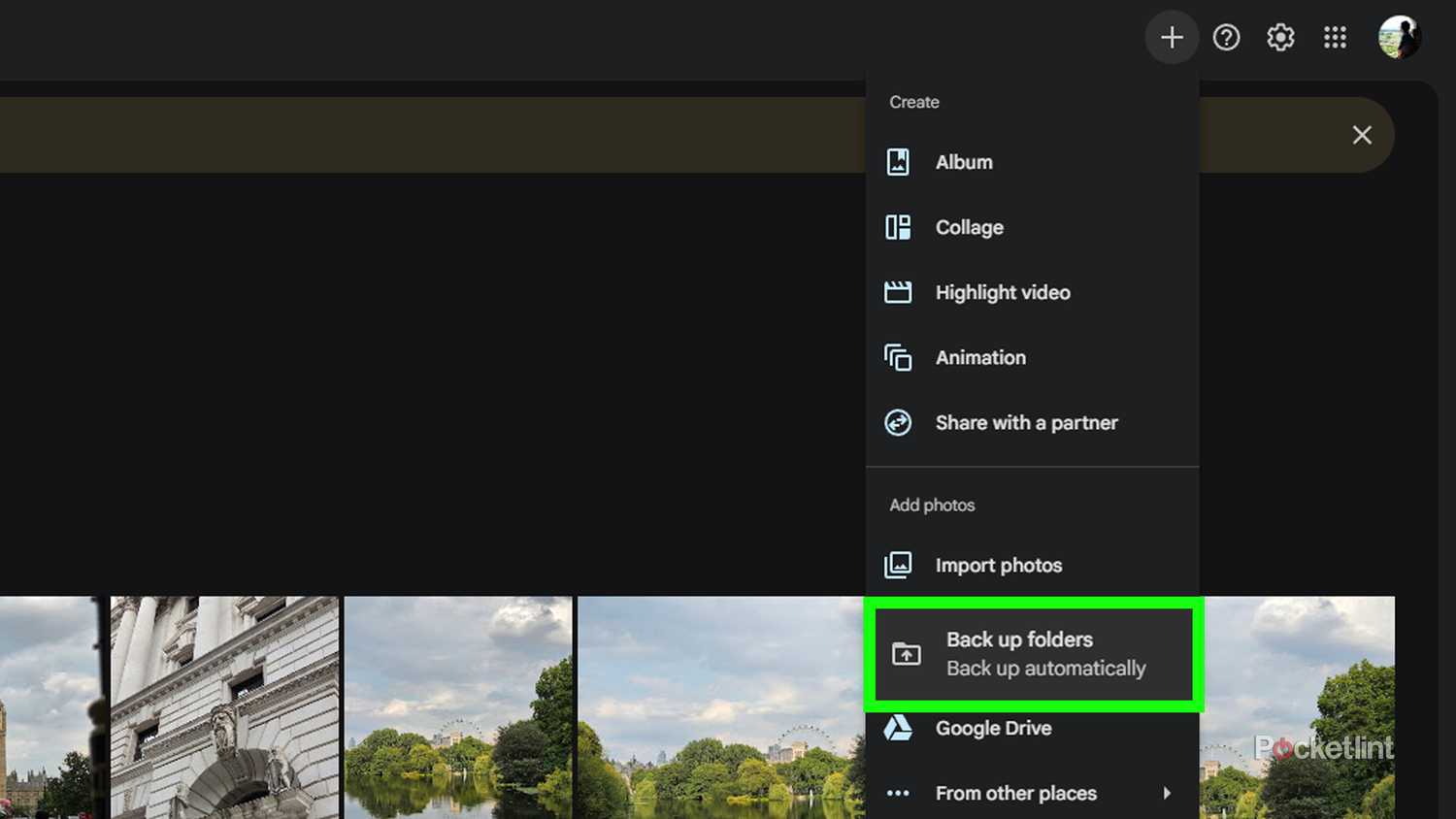 Google Photos back up folders option.