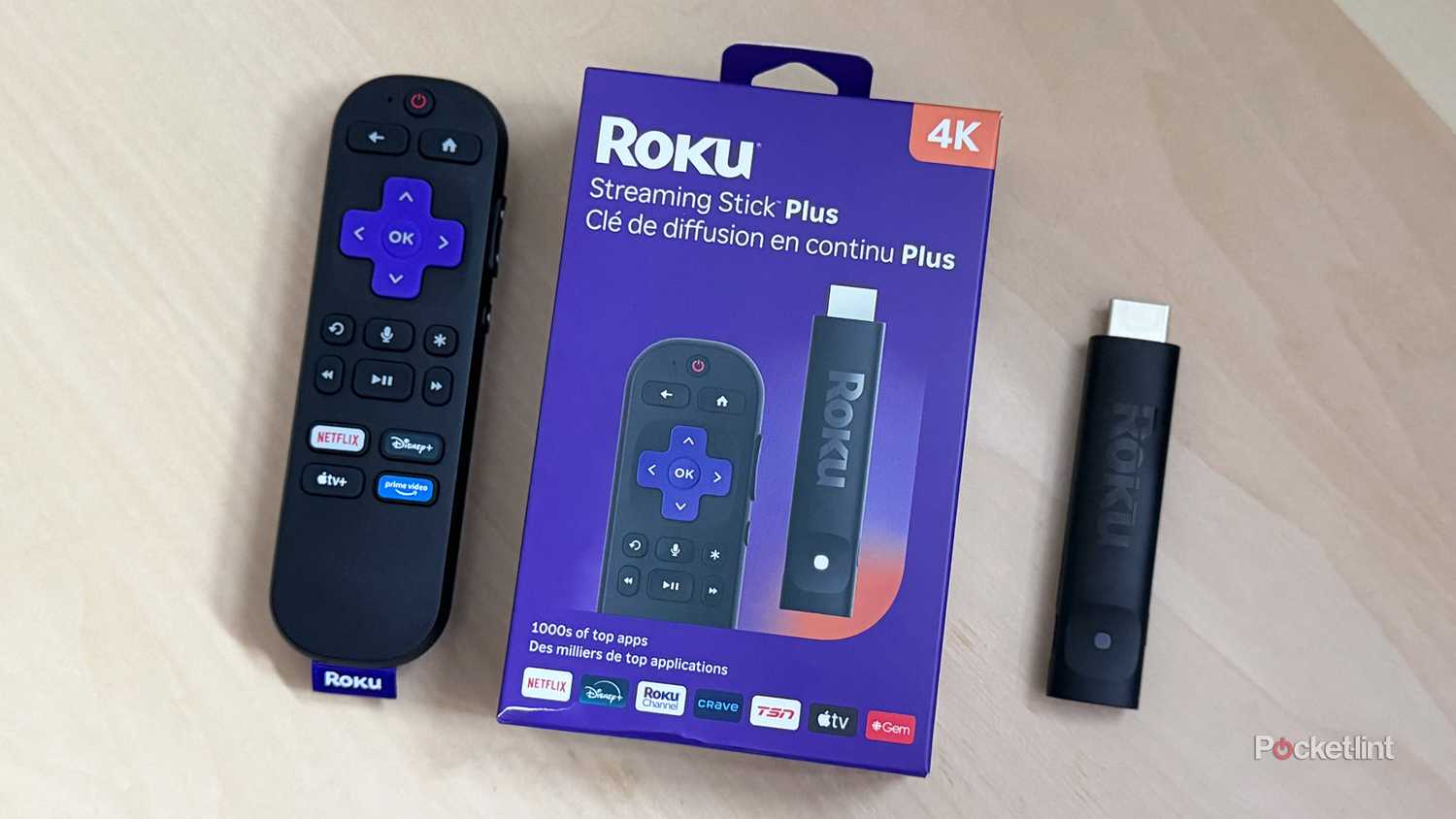 Roku Streaming Stick Plus and remote.