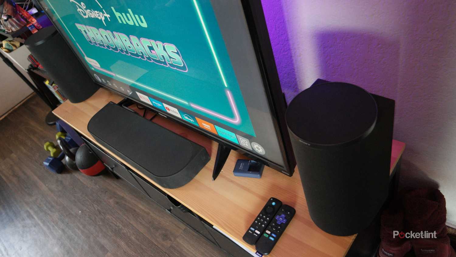 Living room home theater sound system, showing the Sony Bravia TRIO Atmos speaker