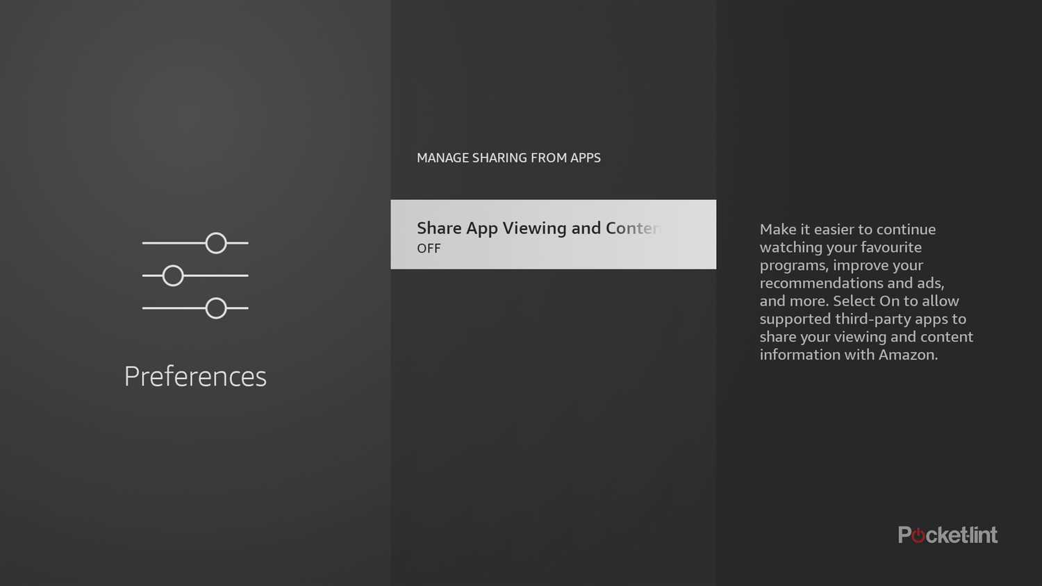 Fire TV Share App Viewing and Content Info setting.