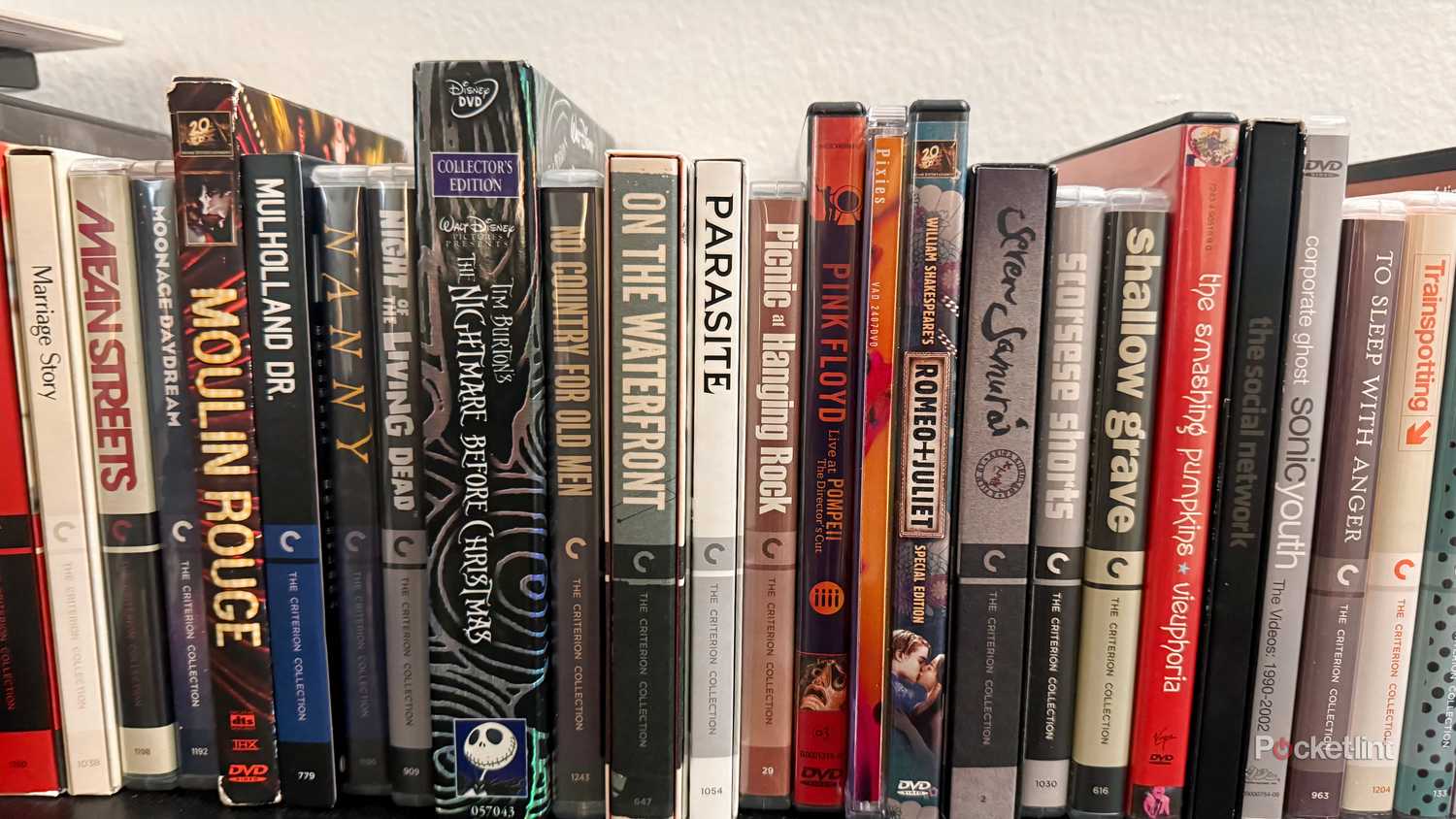 Row of Blu-rays and DVDs on display.